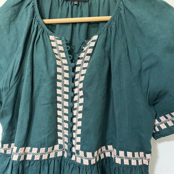 Madewell Embroidered Linen oFlutter Sleeve Mini Dress Size S Evergreen Forest - Picture 10 of 12